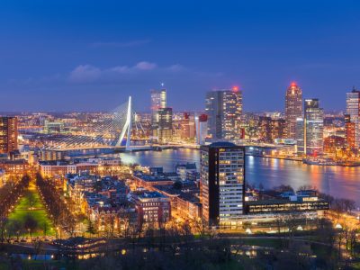 Rotterdam, Netherlands, city skyline at twilight.